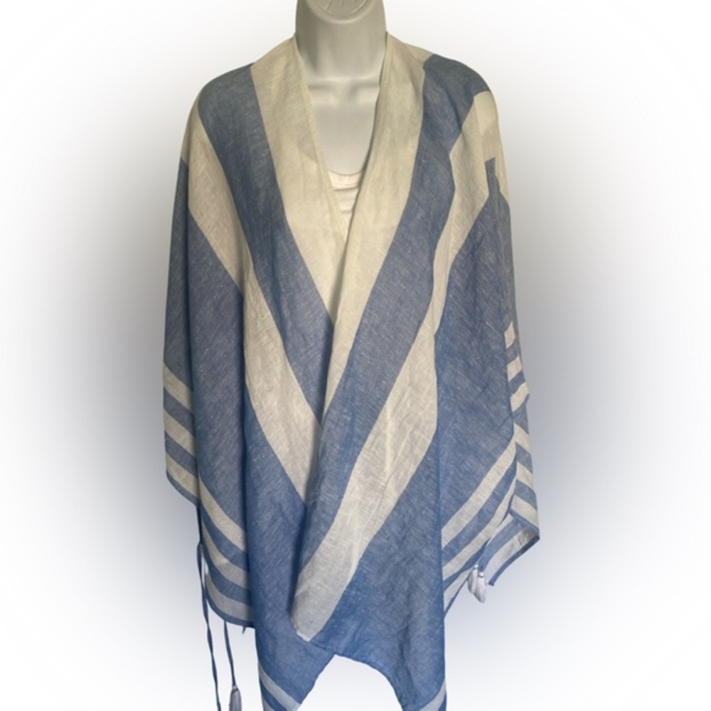 Tommy Bahama Cream Linen Blend Wrap - OSFM white blue. Striped , linen cotton